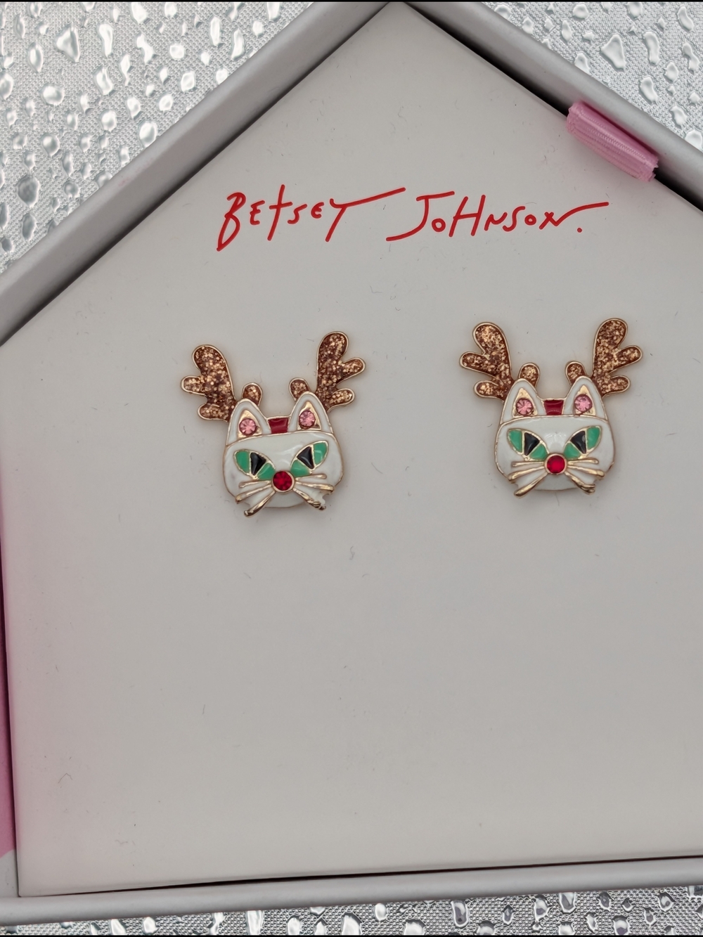 Betsey Johnson White, Green, Pink & Red Reindeer Cat Stud Earrings